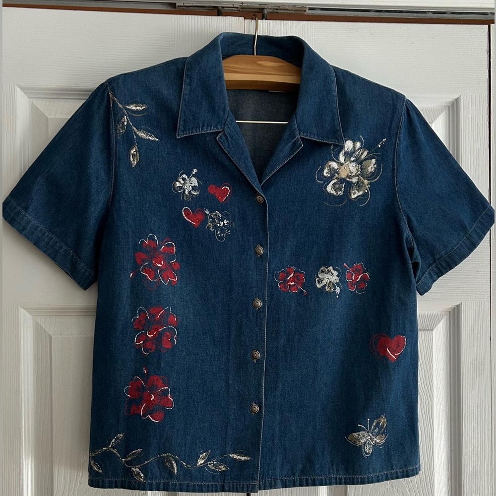 Vintage Koret City Blues Button Short Sleeve Denim Hand Painted Shirt LRG 80’s